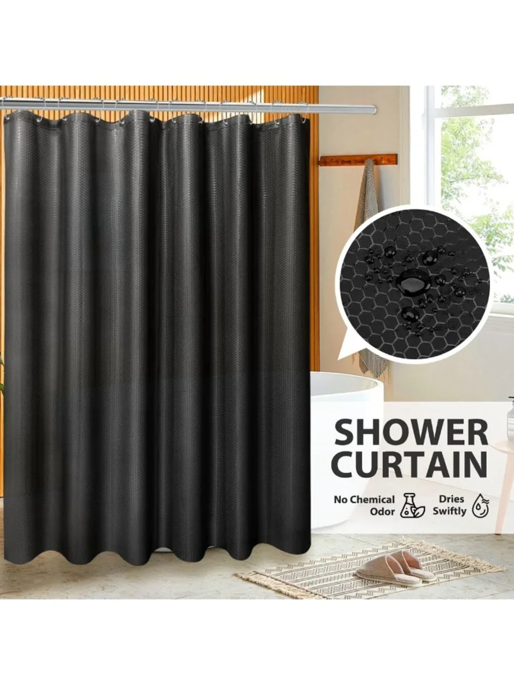 Stylish Bathroom Accessory Set: Shower Curtain, Toilet Brush, Trash Can & Soap